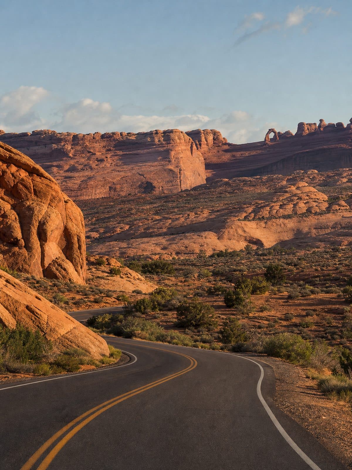 A park road curves through red sandstone terrain toward a distant arch in Arches National Park.