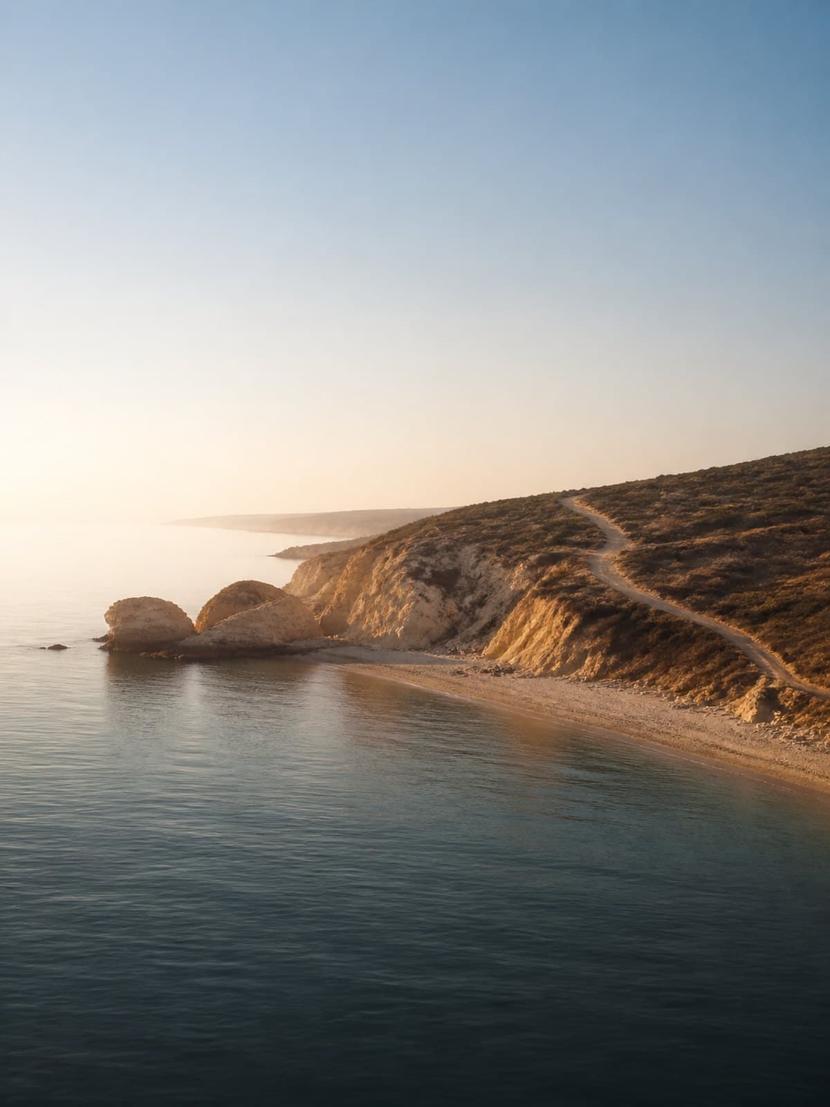 A footpath follows arid coastal bluffs above a calm sea at first light.