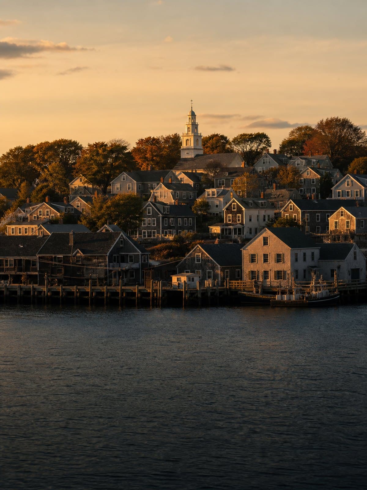 A small Atlantic harbor town and church tower lit by low autumn sun.