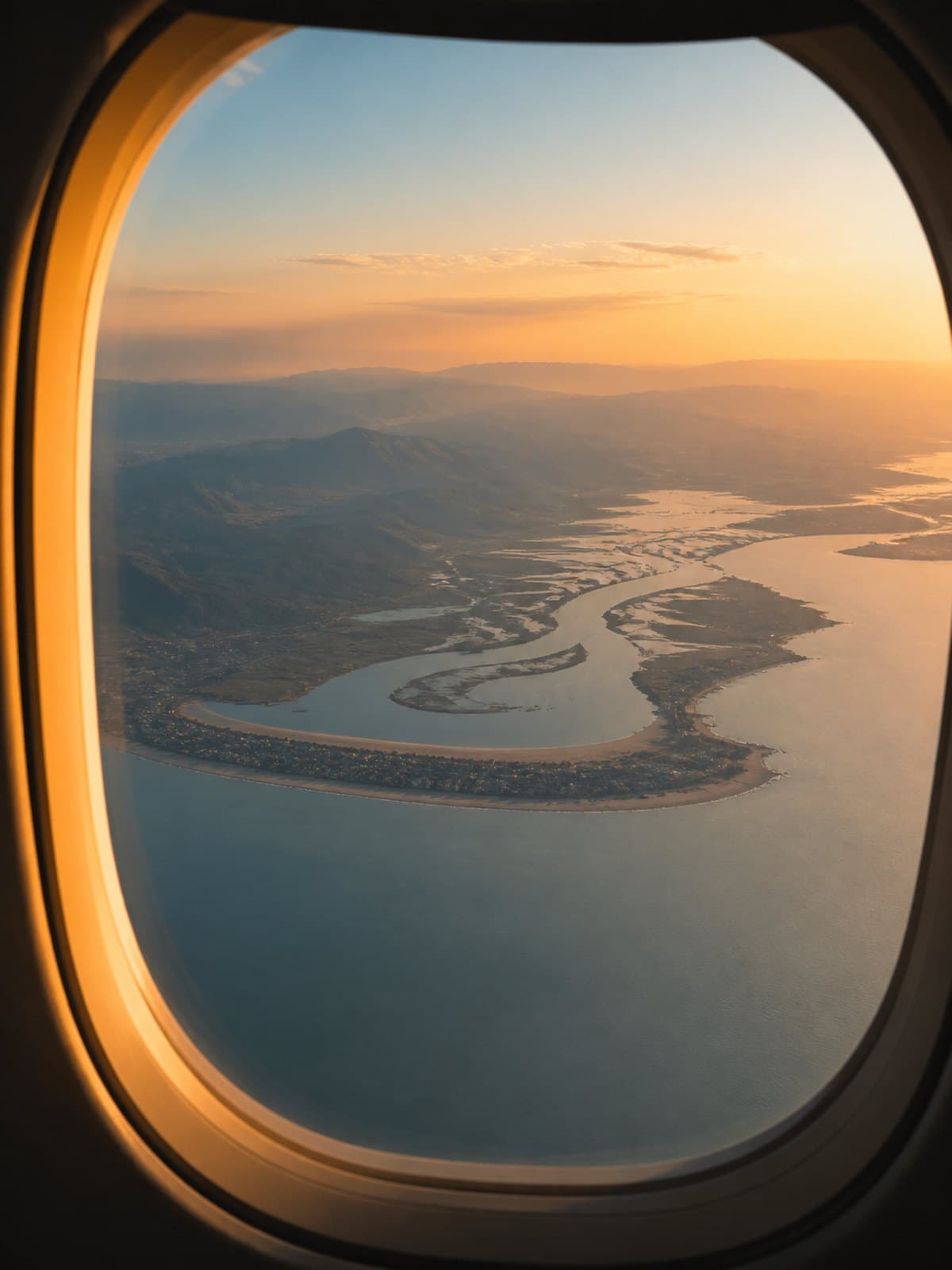 A river delta and coastline seen through an aircraft window at golden hour.